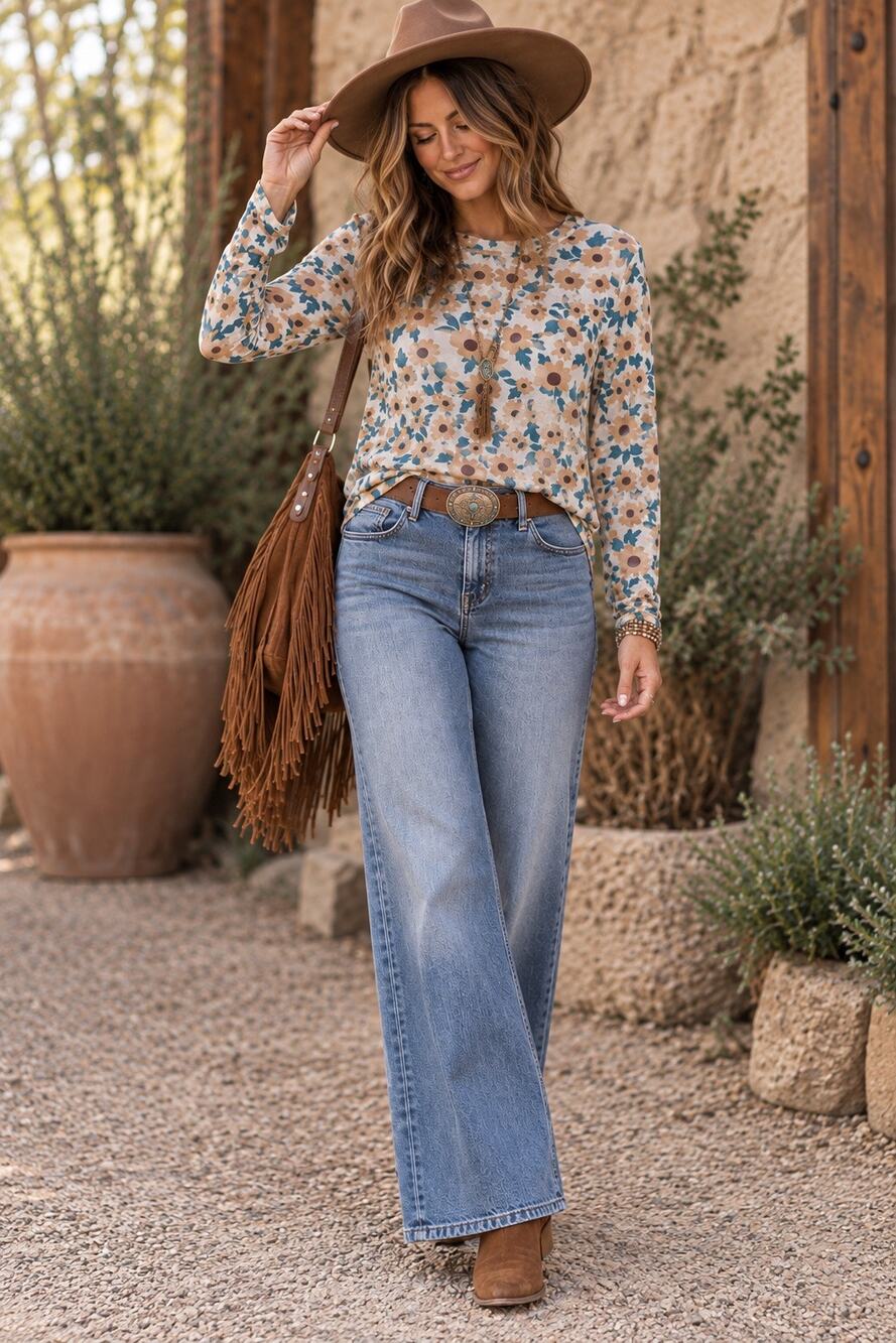 Mesh Sheer Floral Printed Boxy Long Sleeve Layer Top Boho Fall Turquoise Yellow
